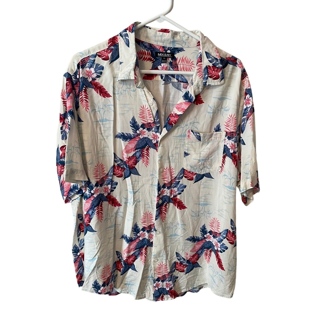 MIX&NY Mens XL Hawaiian Rayon Button Down Shirt Cream Red Navy